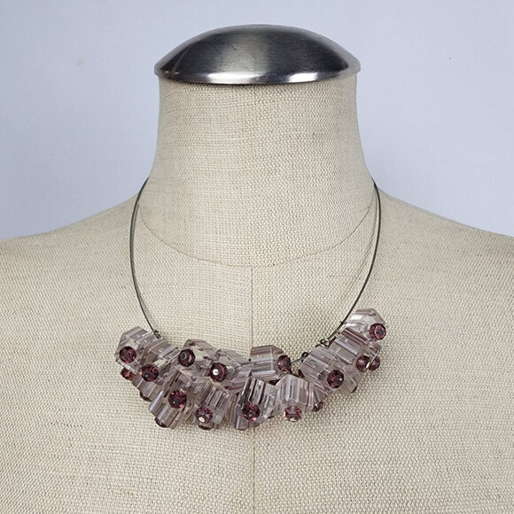 Purple Square Glass Beads Statement Necklace - Picture 1 of 5